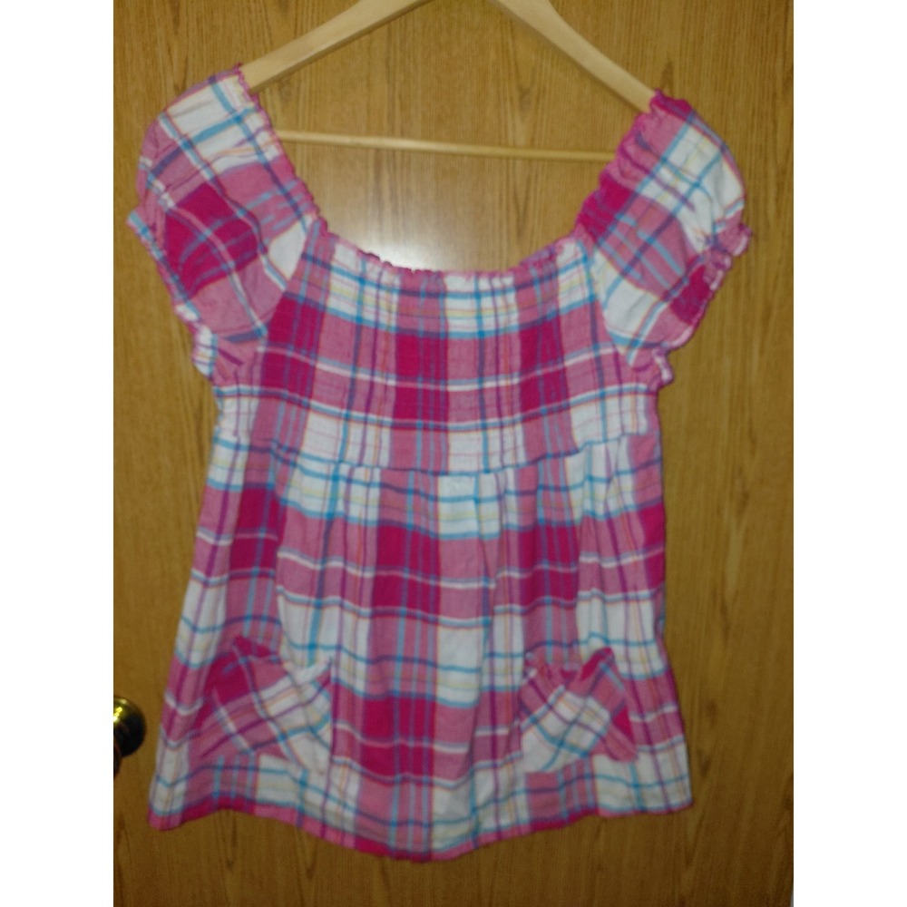 Piper & Blue Pink Plaid Smocked Babydoll Top Women XL Cotton Short Sleeve Boho